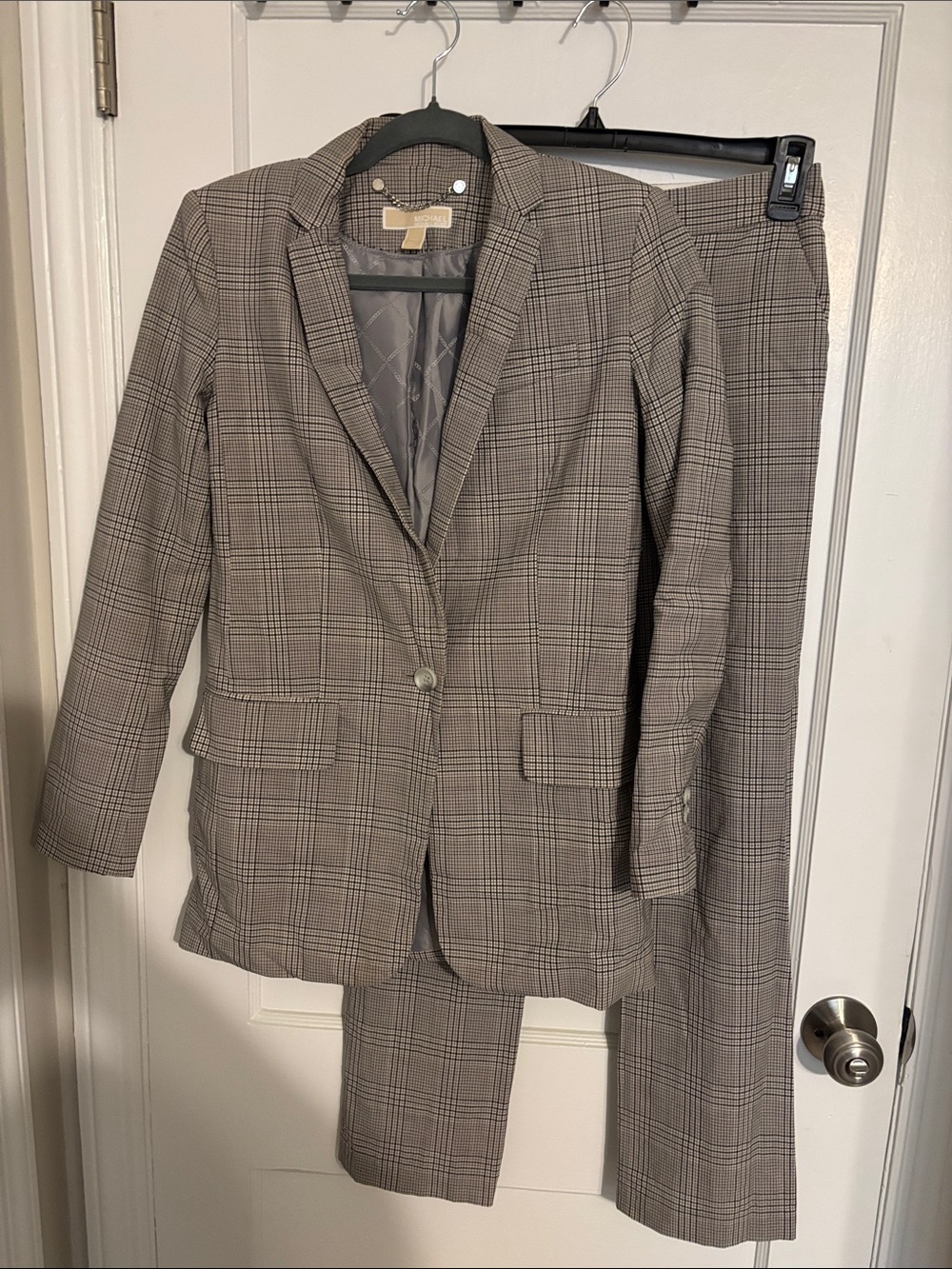 Michael Kors Beige Plaid Two-Piece Blazer & Pants Suit